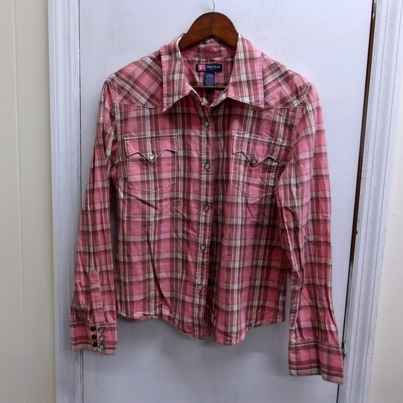 Chaps Tops - Duck Head Plaid‎ Western Shirt Pink Brown Snap Front Women's XL / #1294